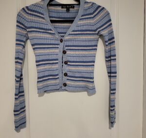 Blue Yellow Striped Cardigan Sweater